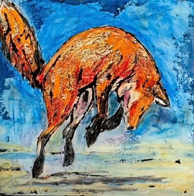 Fun and Games, original mixed media leaping fox painting by Canadian artist David Zimmerman at Effusion Art Gallery in Invermere, BC.