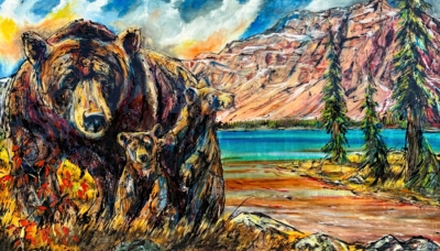 Stroll by Bow Lake, original mixed media painting of a mama grizzly bear and her two cubs at Bow Lake by Canadian artist David Zimmerman at Effusion Art Gallery in Invermere, BC.
