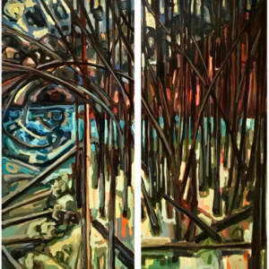 Fallen Cotton Wood after High Water Kootenay Channel, landscape painting my Sandy Kunze | Effusion Art Gallery + Cast Glass Studio, Invermere BC