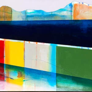 Escapade, mixed media canoe painting by Sylvain Leblanc | Effusion Art Gallery + Cast Glass Studio, Invermere BC