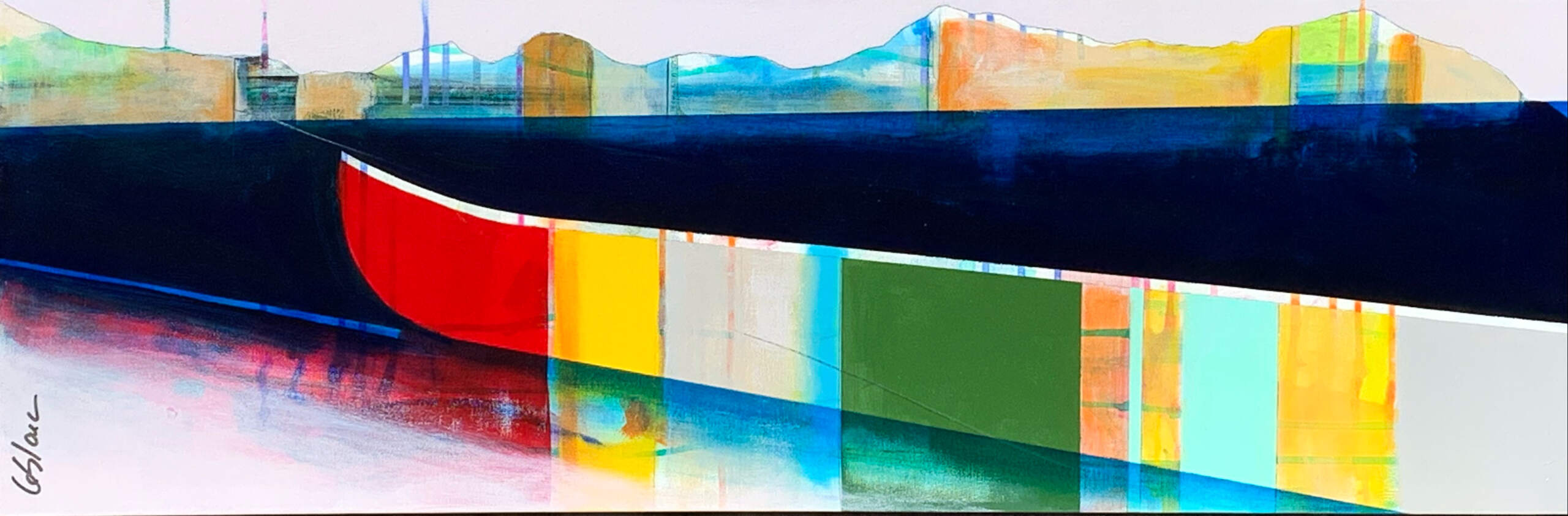 Escapade, mixed media canoe painting by Sylvain Leblanc | Effusion Art Gallery + Cast Glass Studio, Invermere BC