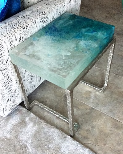 Custom cast glass and white bronze side table - Maui Series, by artist Heather Cuell | Effusion Art Gallery + Cast Glass Studio, Invermere BC