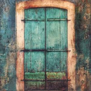 Rustic Turquoise Door, encaustic painting by Lee Anne LaForge | Effusion Art Gallery + Cast Glass Studio, Invermere BC