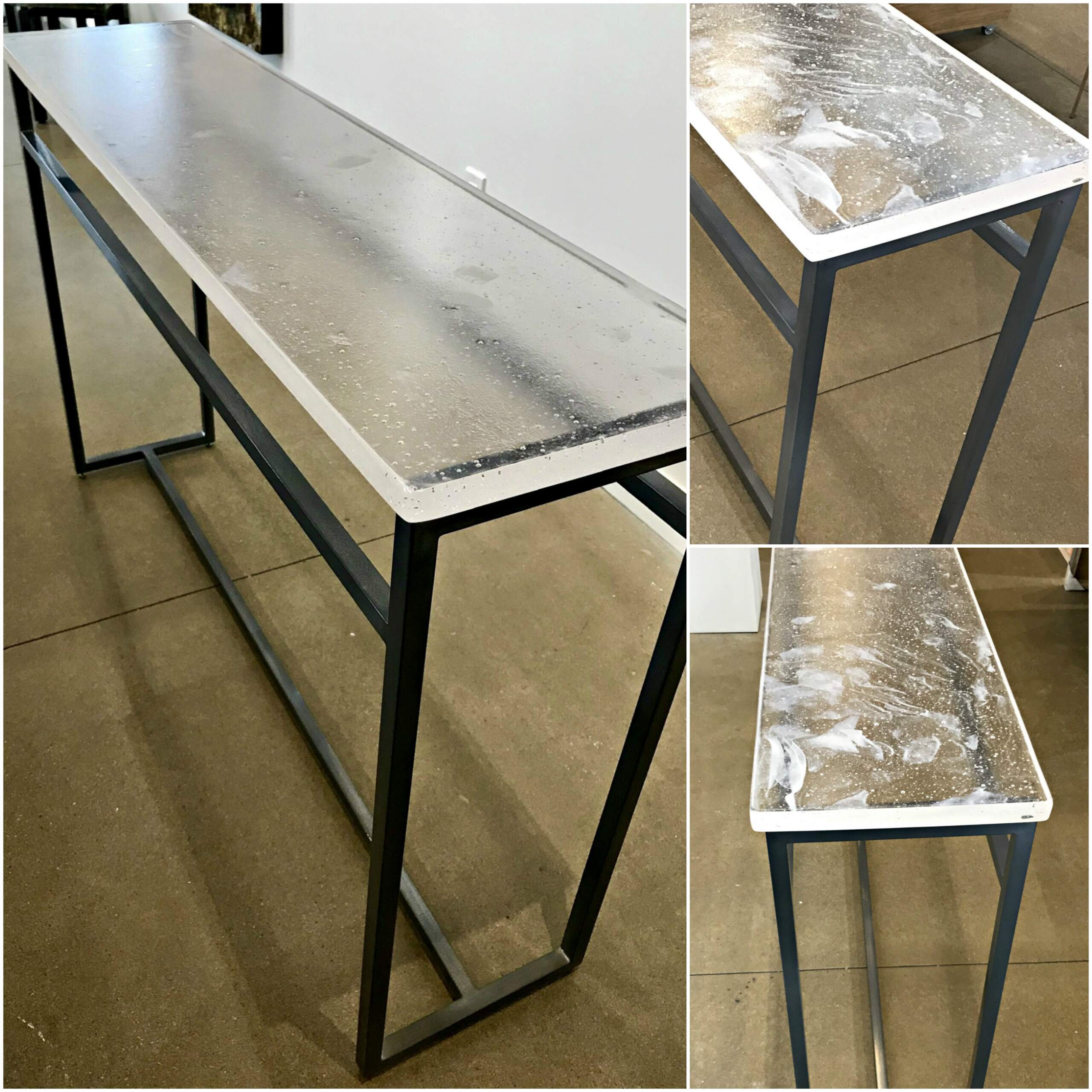 Cast Glass and Matte Charcoal Powder-Coasted Base Console Table by Heather Cuell | Effusion Art Gallery + Cast Glass Studio, Invermere BC