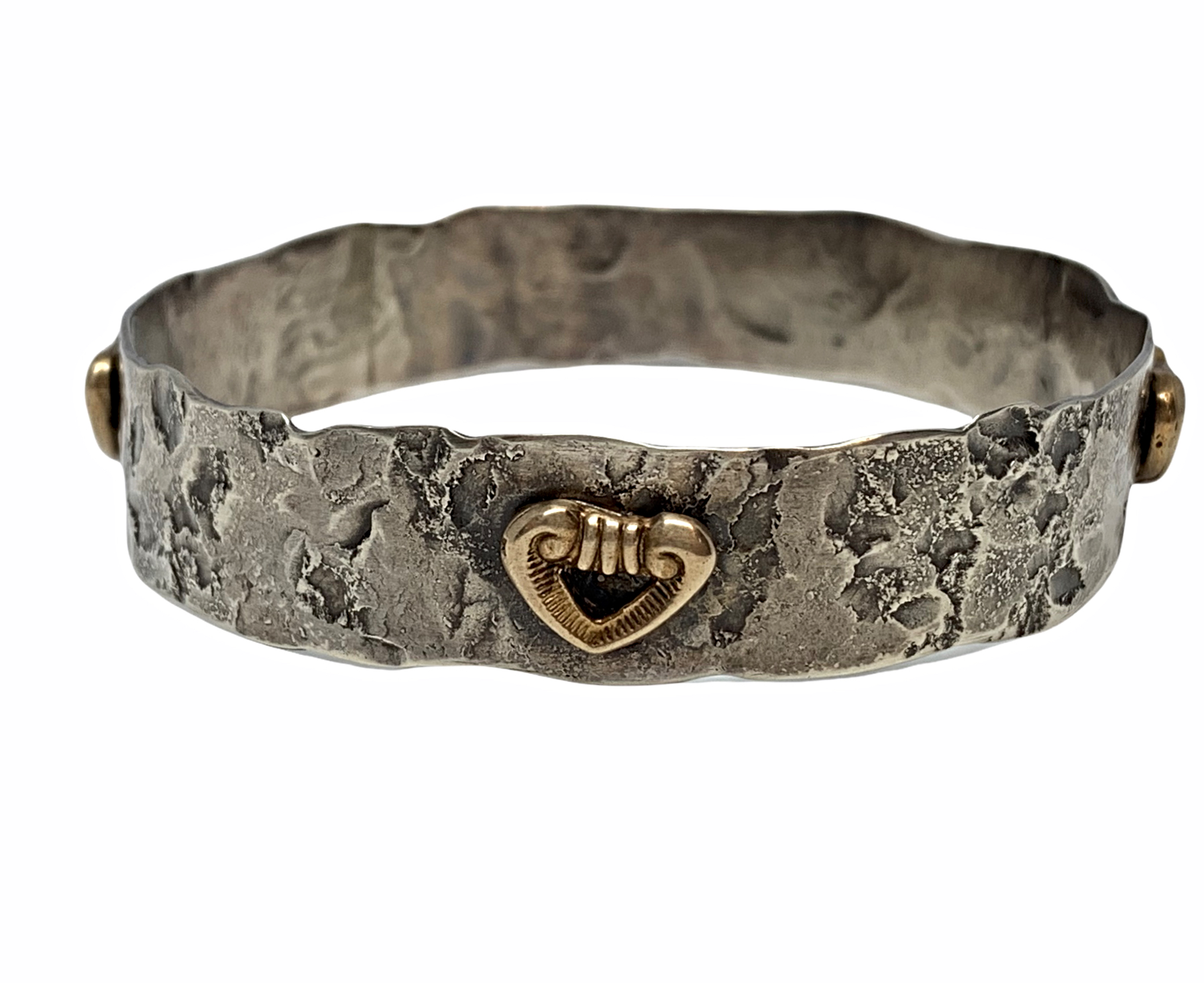 Handmade sterling silver and bronze heart bangle by Karyn Chopik | Effusion Art Gallery + Cast Glass Studio, Invermere BC