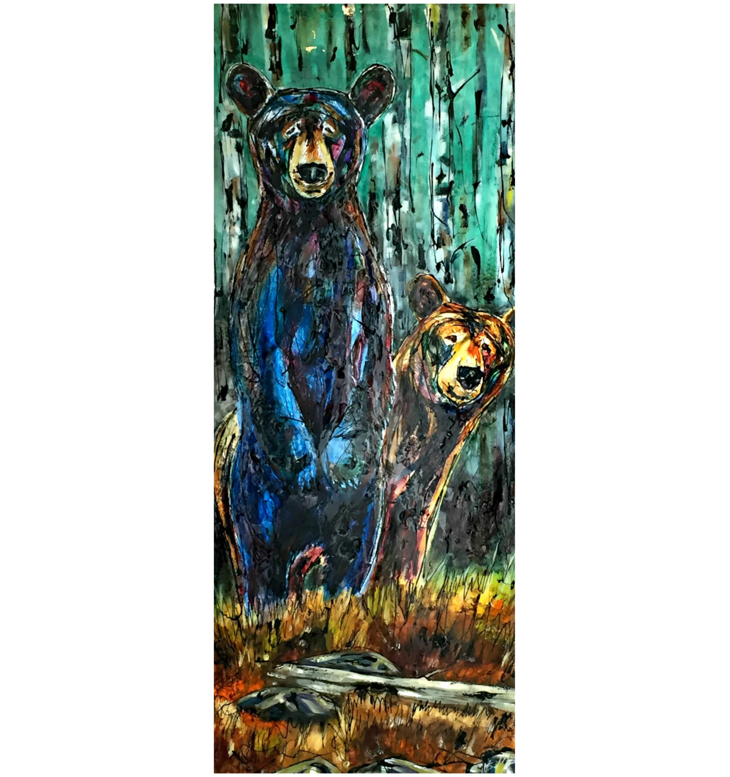 Sibling Trust, mixed media bear cub painting by David Zimmerman | Effusion Art Gallery + Cast Glass Studio, Invermere BC