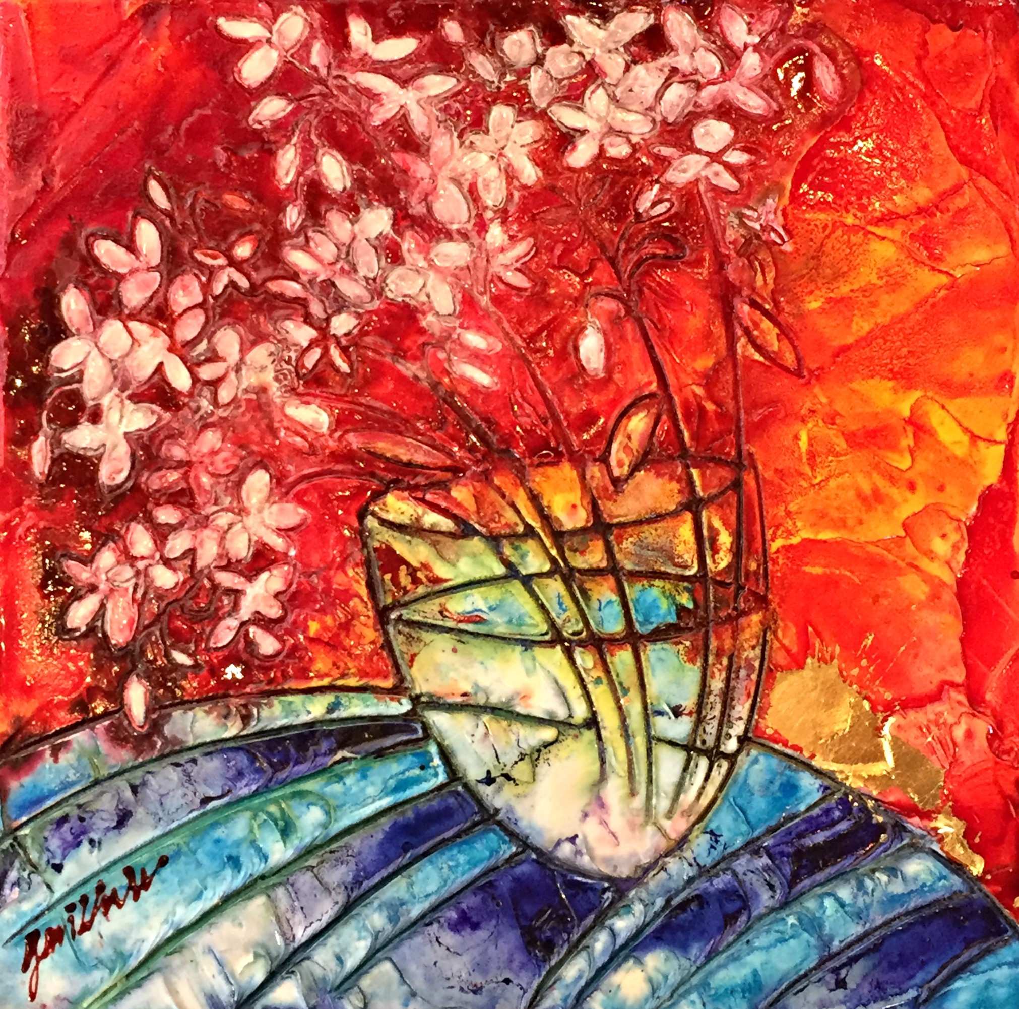Blue Stripes, mixed media painting by Joanne Gauthier | Effusion Art Gallery + Cast Glass Studio, Invermere BC