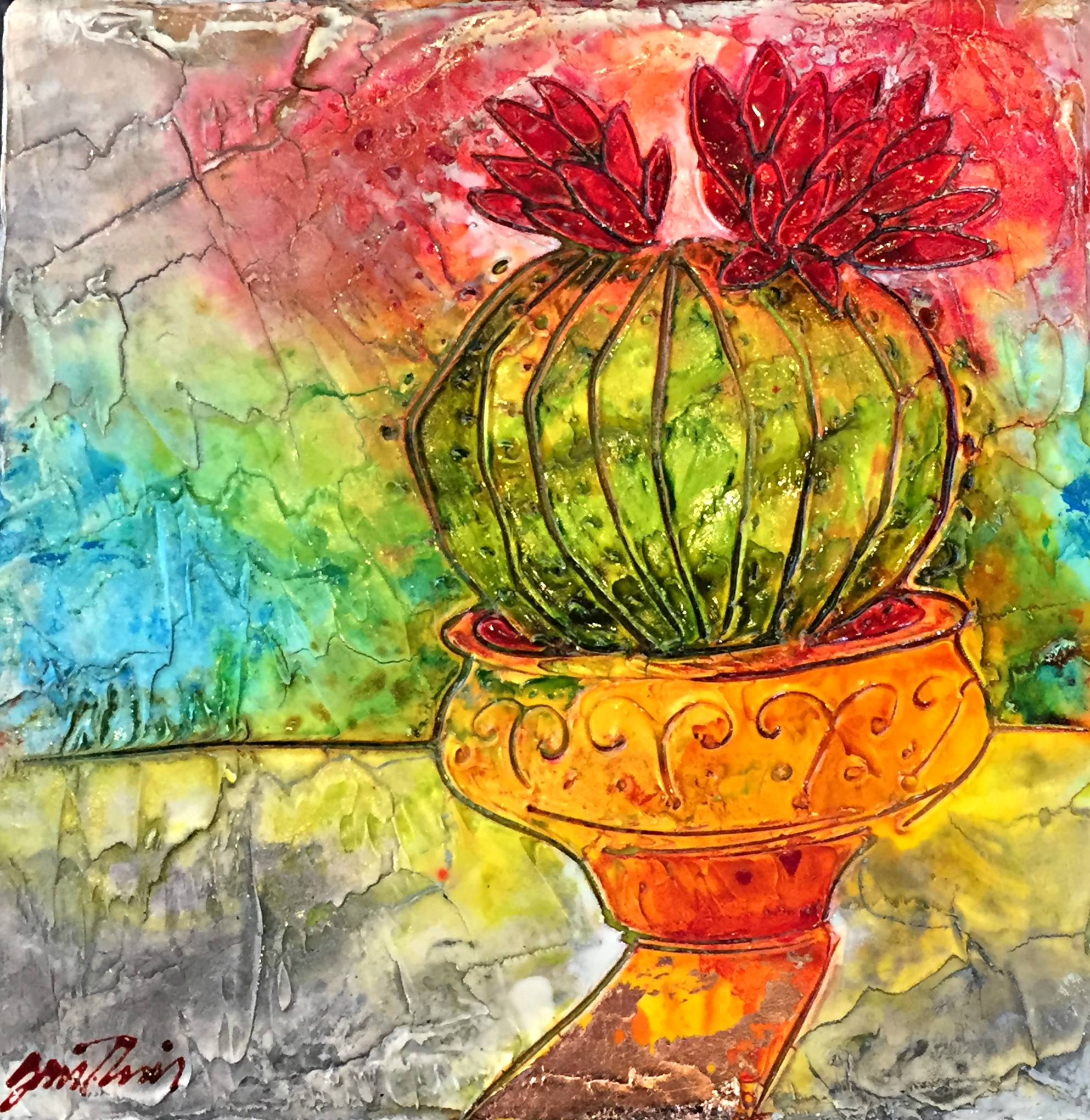 Cute Cactus, mixed media painting by Joanne Gauthier | Effusion Art Gallery + Cast Glass Studio, Invermere BC