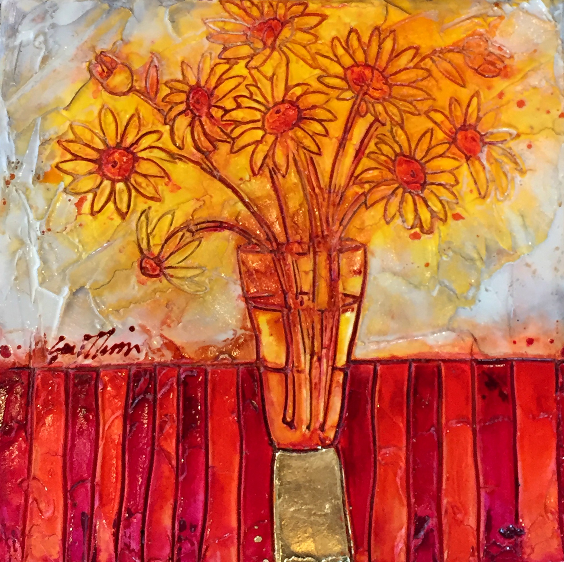 Daisies in Glass, mixed media painting by Joanne Gauthier | Effusion Art Gallery + Cast Glass Studio, Invermere BC