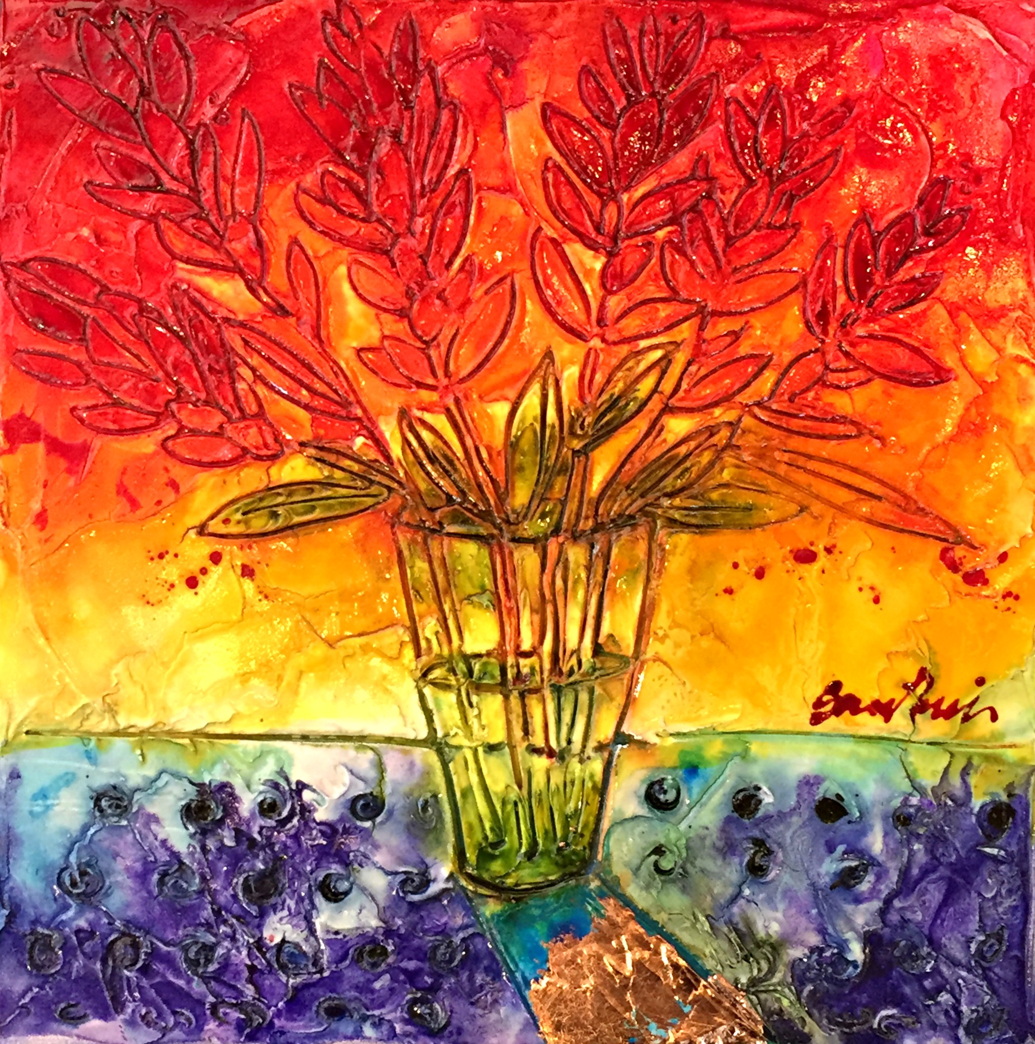 Flames in Glass, mixed media painting by Joanne Gauthier | Effusion Art Gallery + Cast Glass Studio, Invermere BC