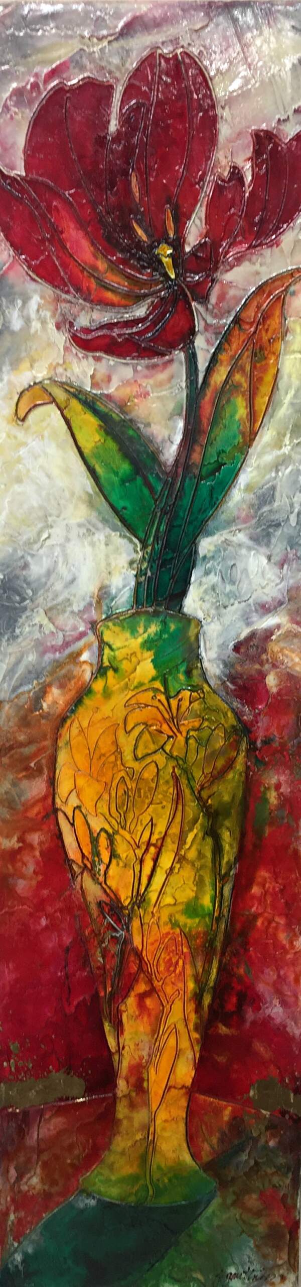 Last Chance for Tulips, mixed media painting by Joanne Gauthier | Effusion Art Gallery + Cast Glass Studio, Invermere BC