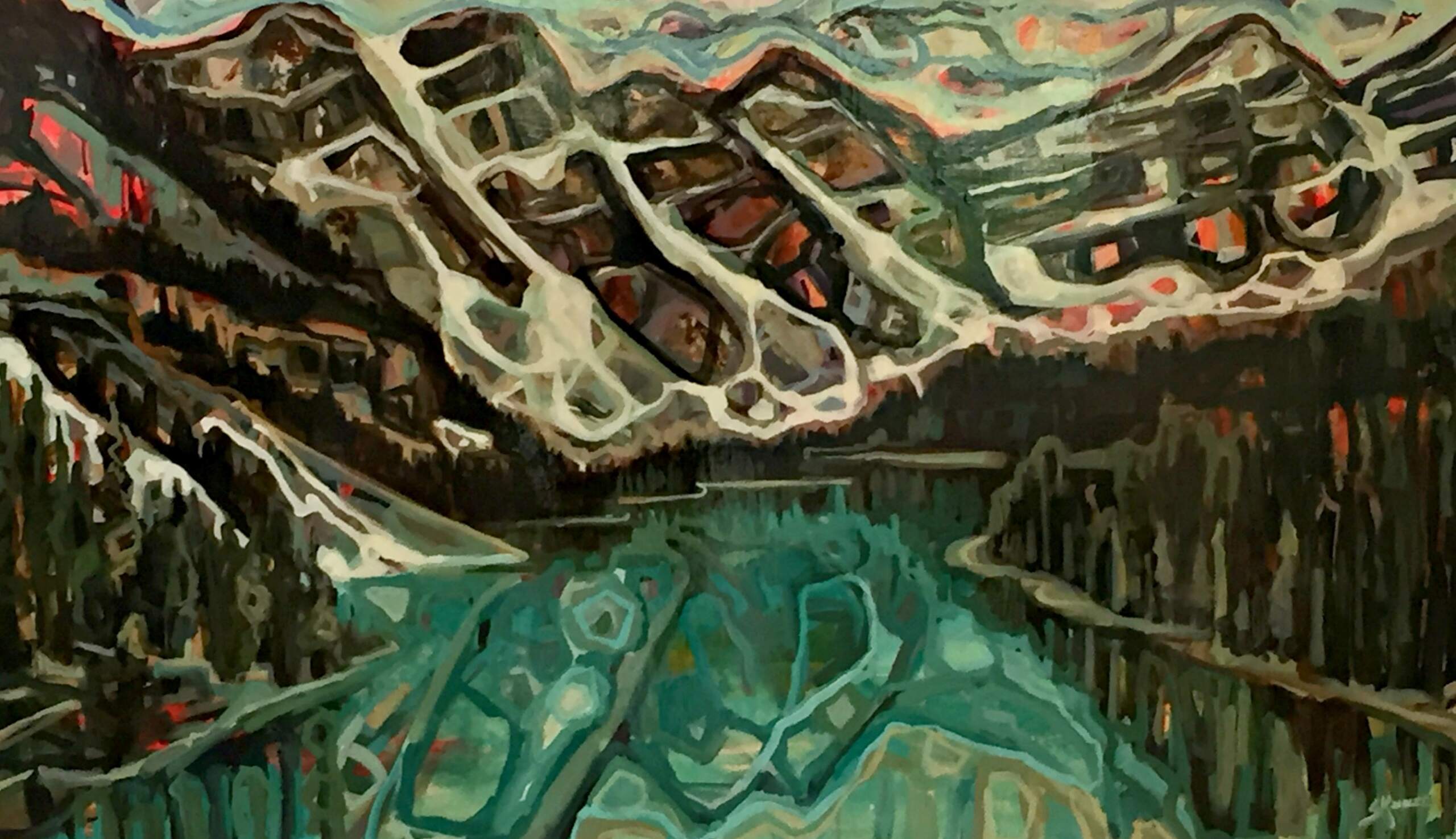 Moraine Lake in June, acrylic painting by Sandy Kunze | Effusion Art Gallery + Cast Glass Studio, Invermere BC
