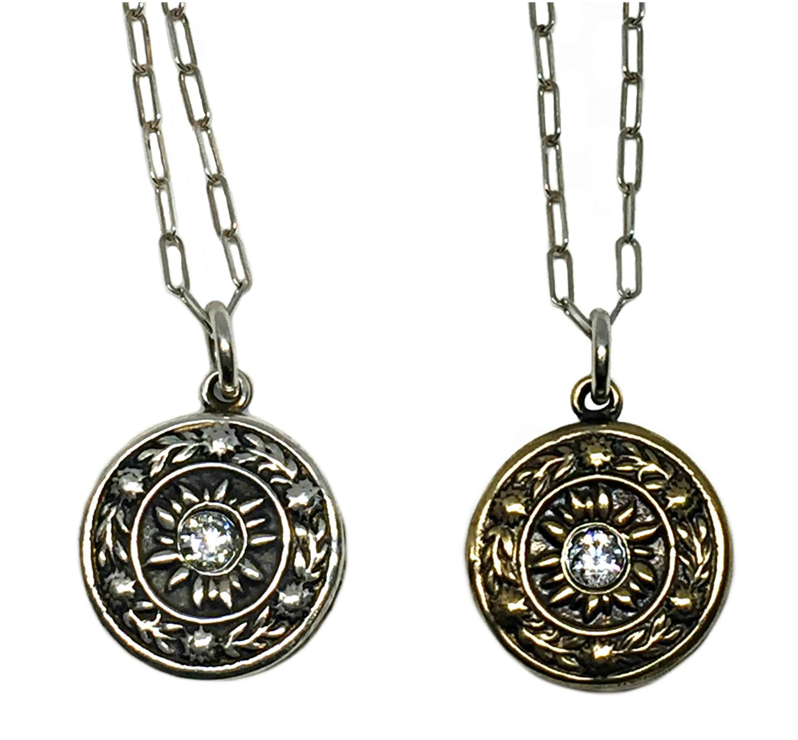 Sterling Silver, Bronze, + CZ Sundial Necklace by Karyn Chopik | Effusion Art Gallery + Cast Glass Studio, Invermere BC