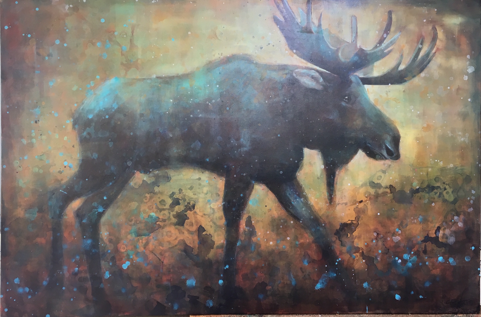 On the Move, acrylic moose painting by Connie Geerts | Effusion Art Gallery + Cast Glass Studio, Invermere BC
