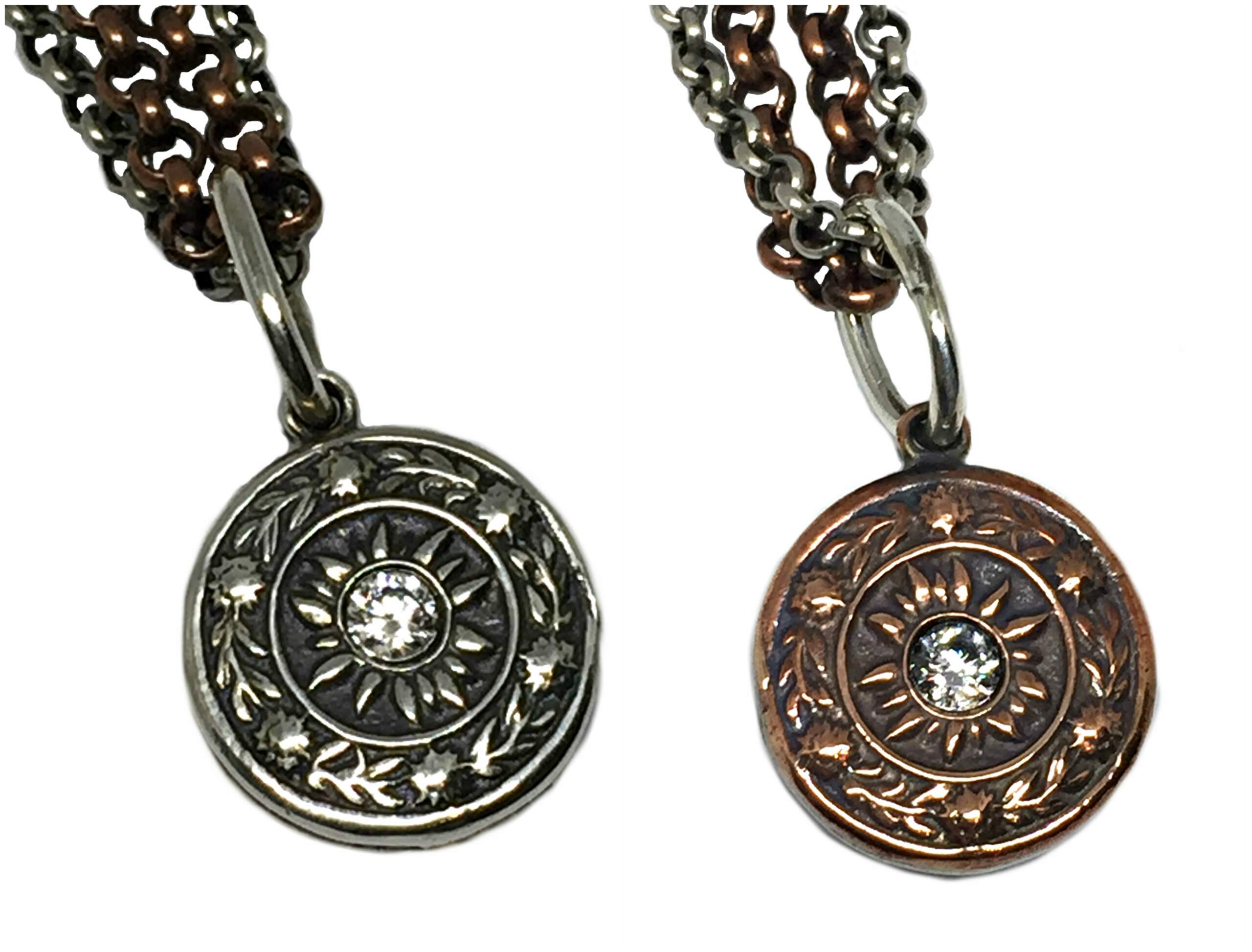 Reversible Sterling Silver, Copper, + CZ Sundial Pendant by Karyn Chopik | Effusion Art Gallery + Cast Glass Studio, Invermere BC