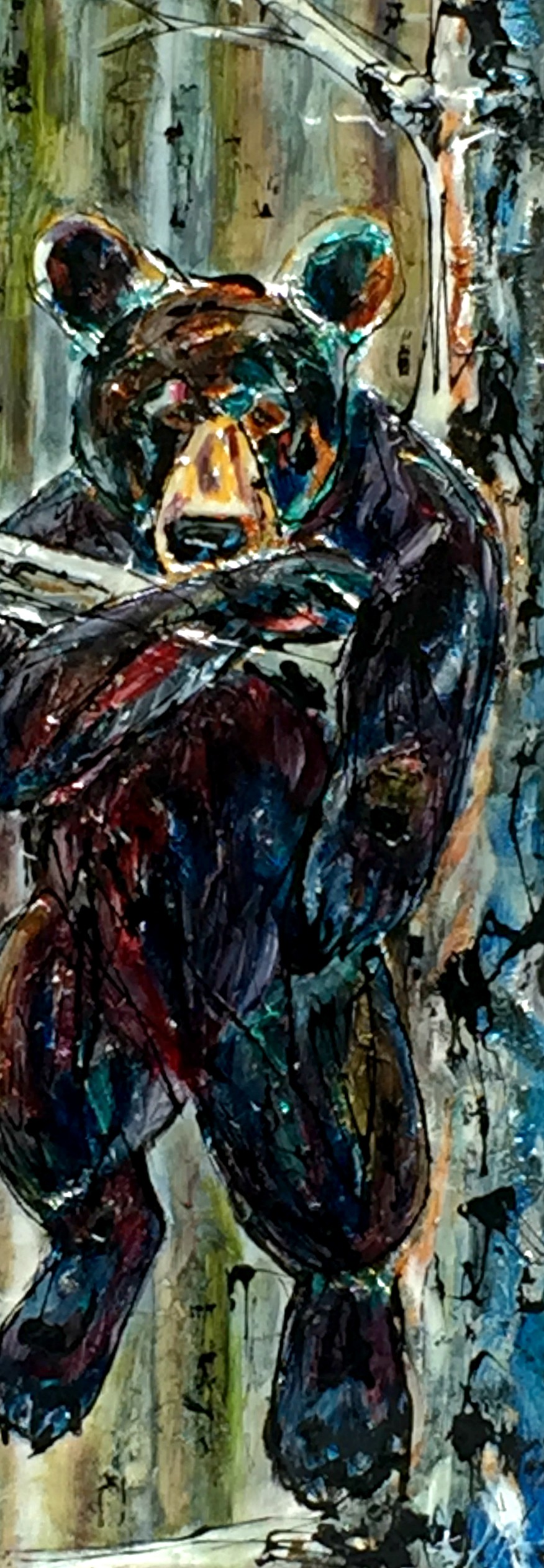 Hangin' Out, mixed media bear painting by David Zimmerman | Effusion Art Gallery + Cast Glass Studio, Invermere BC