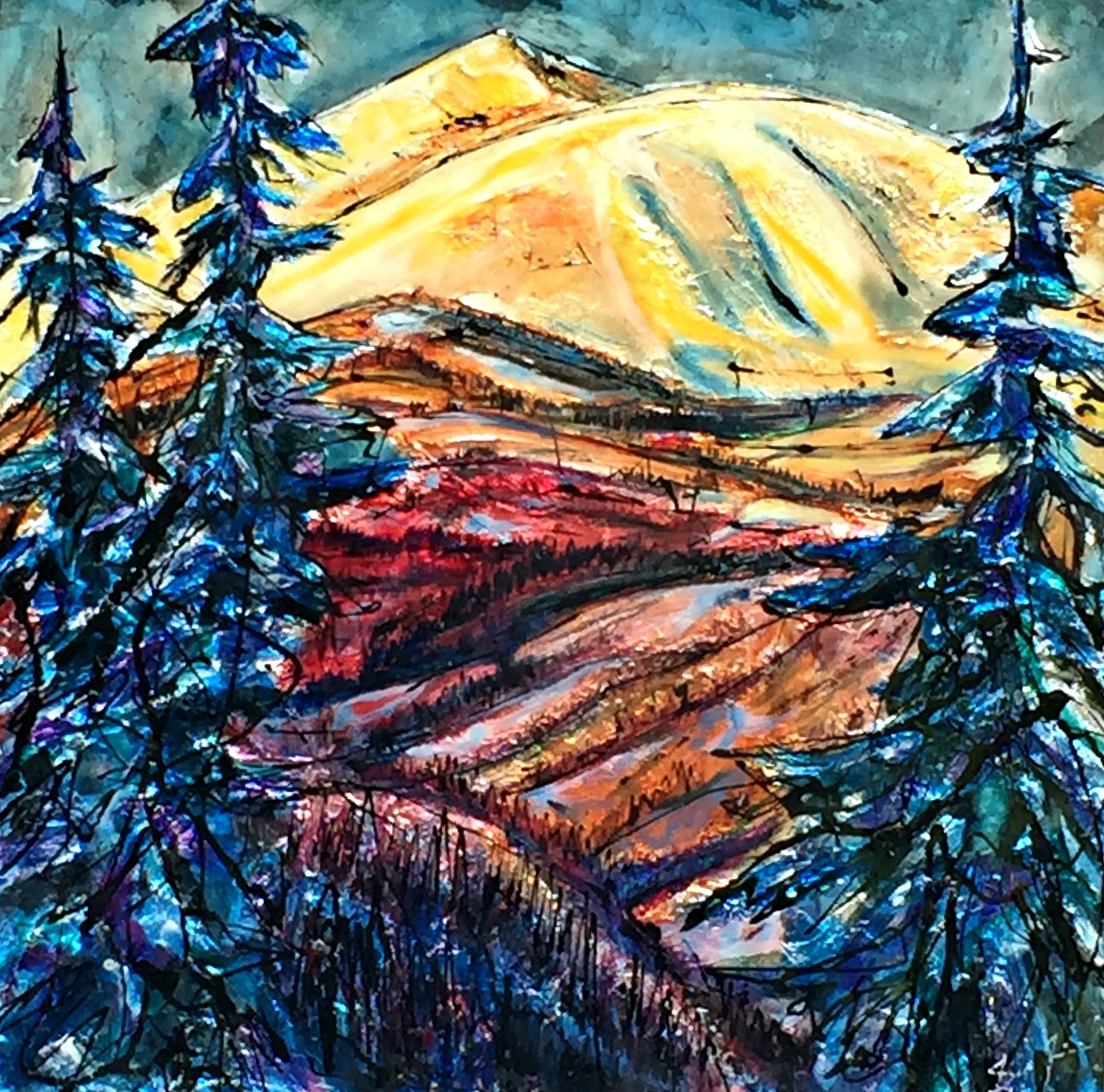 Moose this Year, Moose Mountain mixed media landscape painting by David Zimmerman | Effusion Art Gallery + Cast Glass Studio, Invermere BC