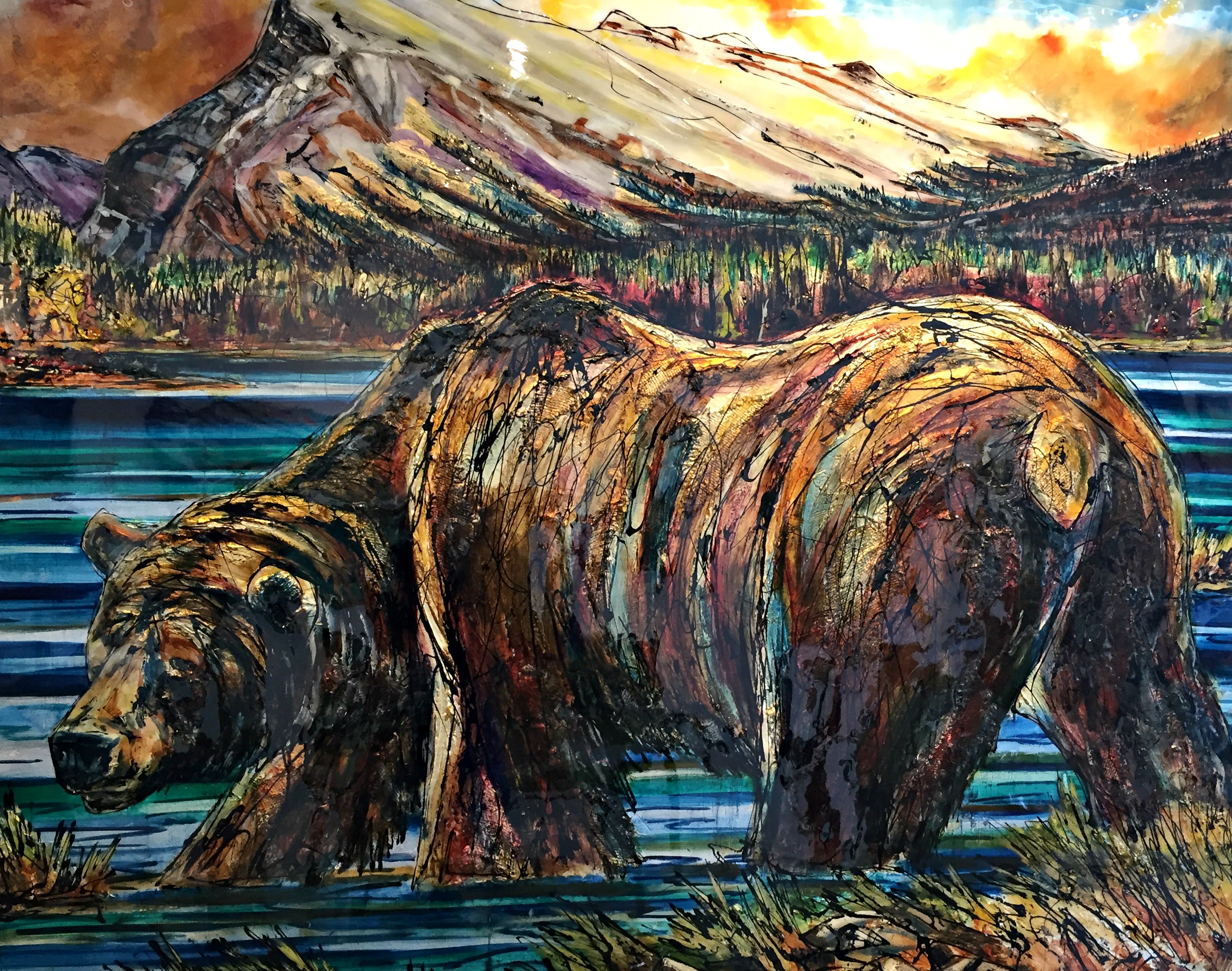 The Boss, mixed media bear painting by David Zimmerman | Effusion Art Gallery + Cast Glass Studio, Invermere BC