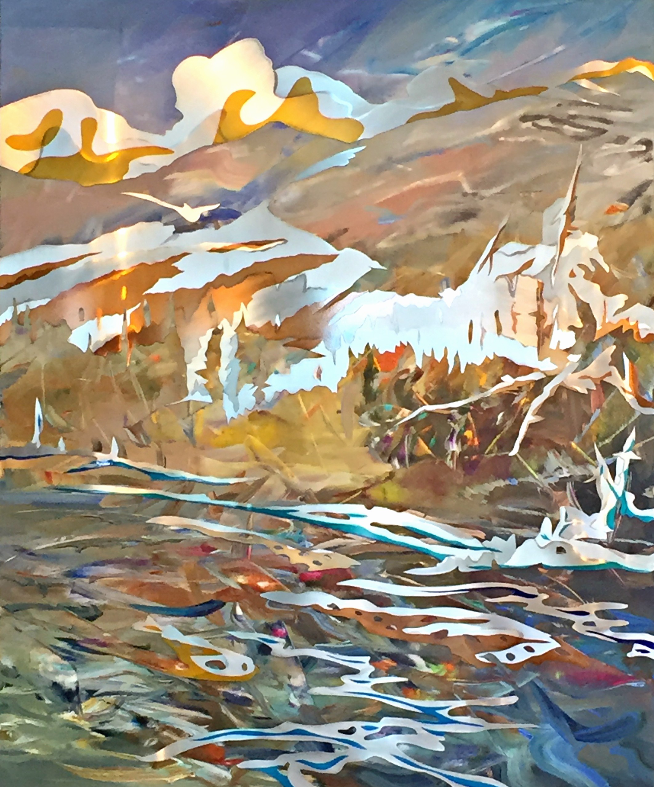 Vermillion Crossing, mixed media landscape painting by Joel Masewich | Effusion Art Gallery + Cast Glass Studio, Invermere BC