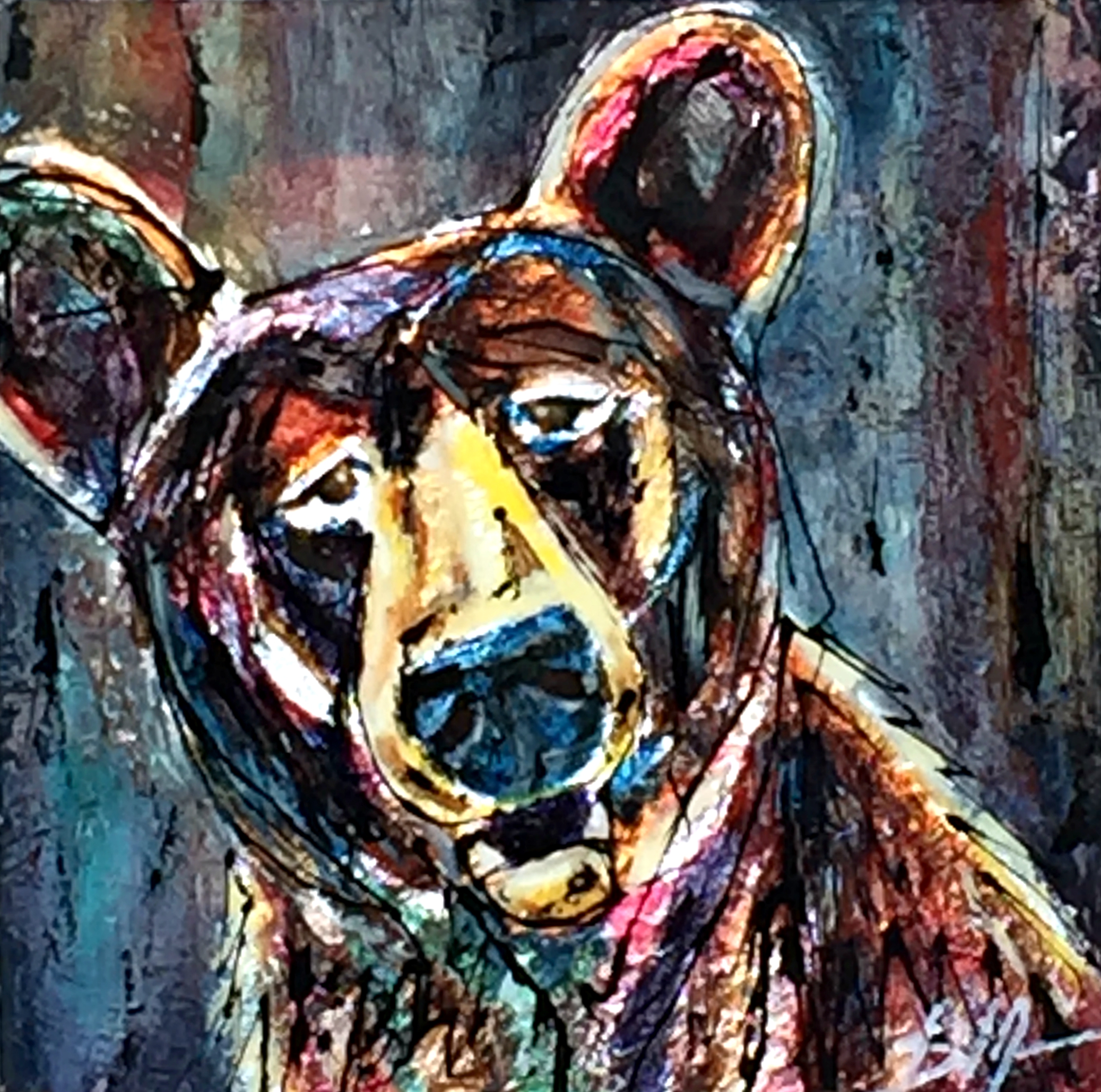 Friday is Here, mixed media bear painting by David Zimmerman | Effusion Art Gallery + Cast Glass Studio, Invermere BC