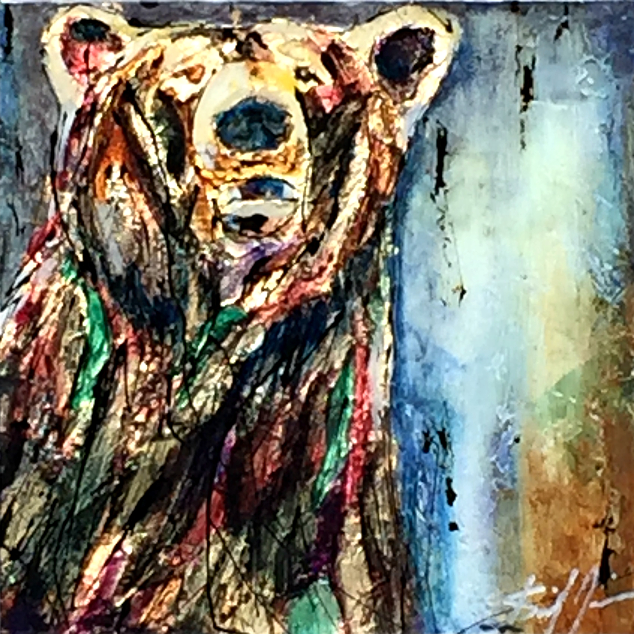 Making Sure, mixed media bear painting by David Zimmerman | Effusion Art Gallery + Cast Glass Studio, Invermere BC