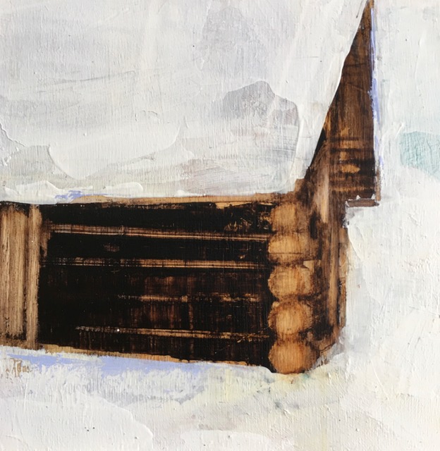 Snow Day 1, acrylic cabin painting by Sarinah Haba | Effusion Art Gallery + Cast Glass Studio, Invermere BC