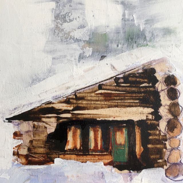Snow Day 2, acrylic cabin painting by Sarinah Haba | Effusion Art Gallery + Cast Glass Studio, Invermere BC