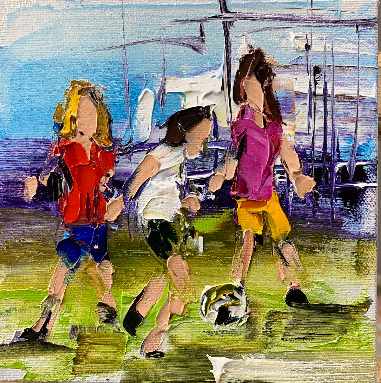 Fun in the Sun 1, oil soccer painting by Kimberly Kiel | Effusion Art Gallery + Cast Glass Studio, Invermere BC