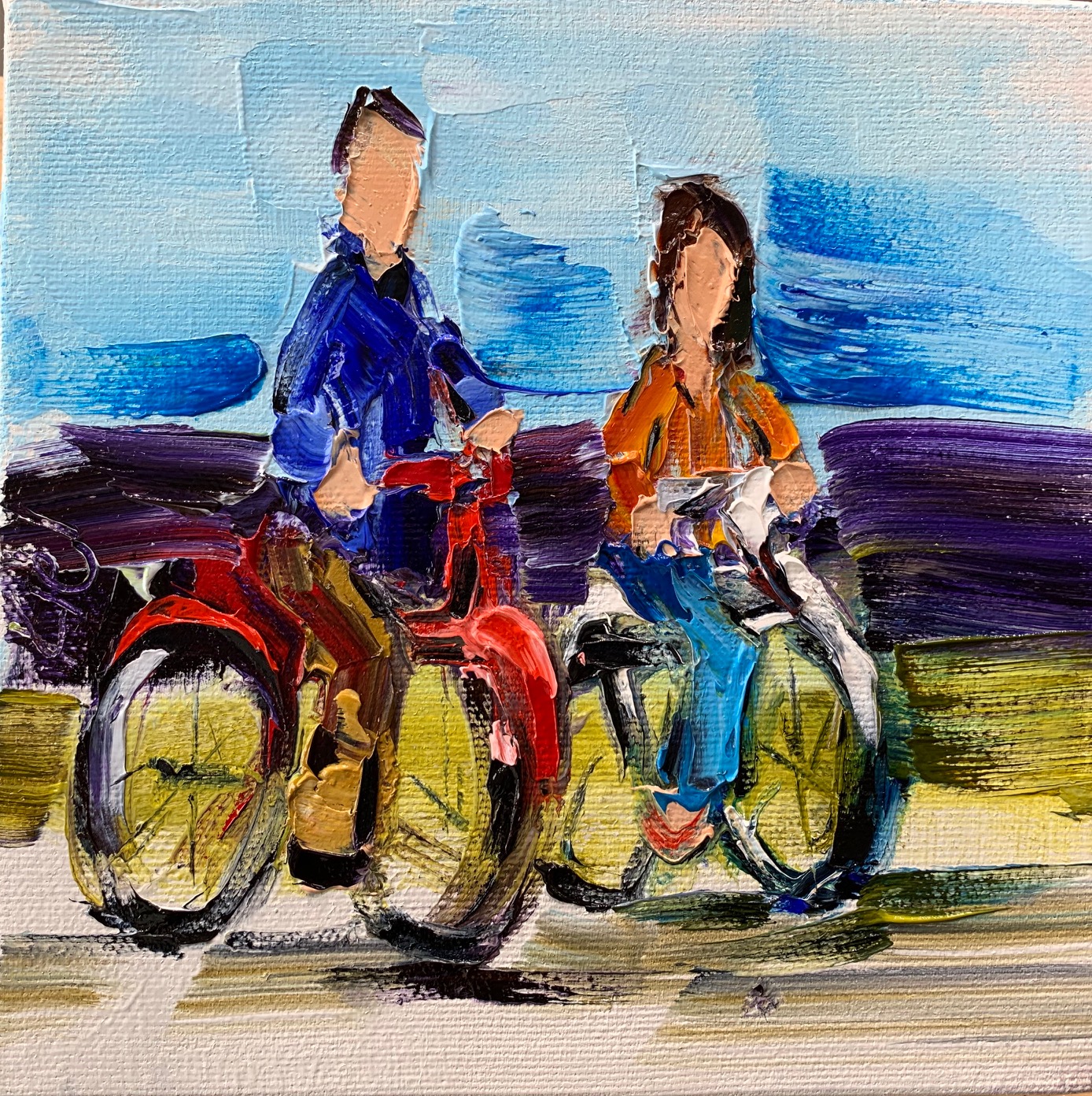 Fun in the Sun 3, oil cycling painting by Kimberly Kiel | Effusion Art Gallery + Cast Glass Studio, Invermere BC