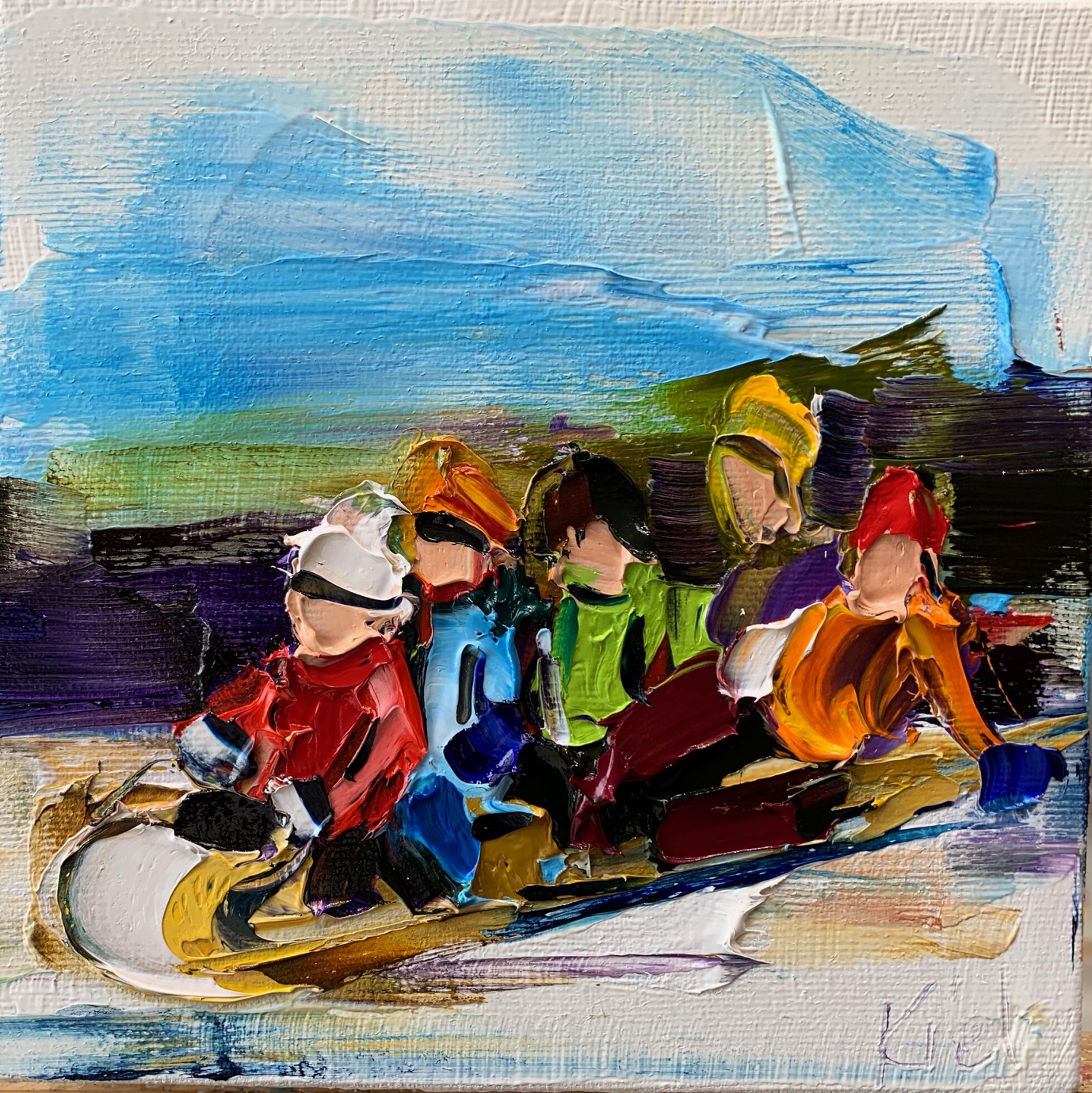 Winter Whites 5, oil sledding painting by Kimberly Kiel | Effusion Art Gallery + Cast Glass Studio, Invermere BC