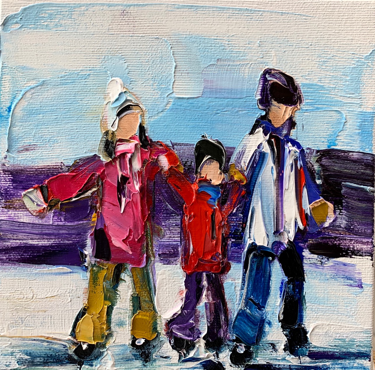 Winter Whites 7, oil skating painting by Kimberly Kiel | Effusion Art Gallery + Cast Glass Studio, Invermere BC