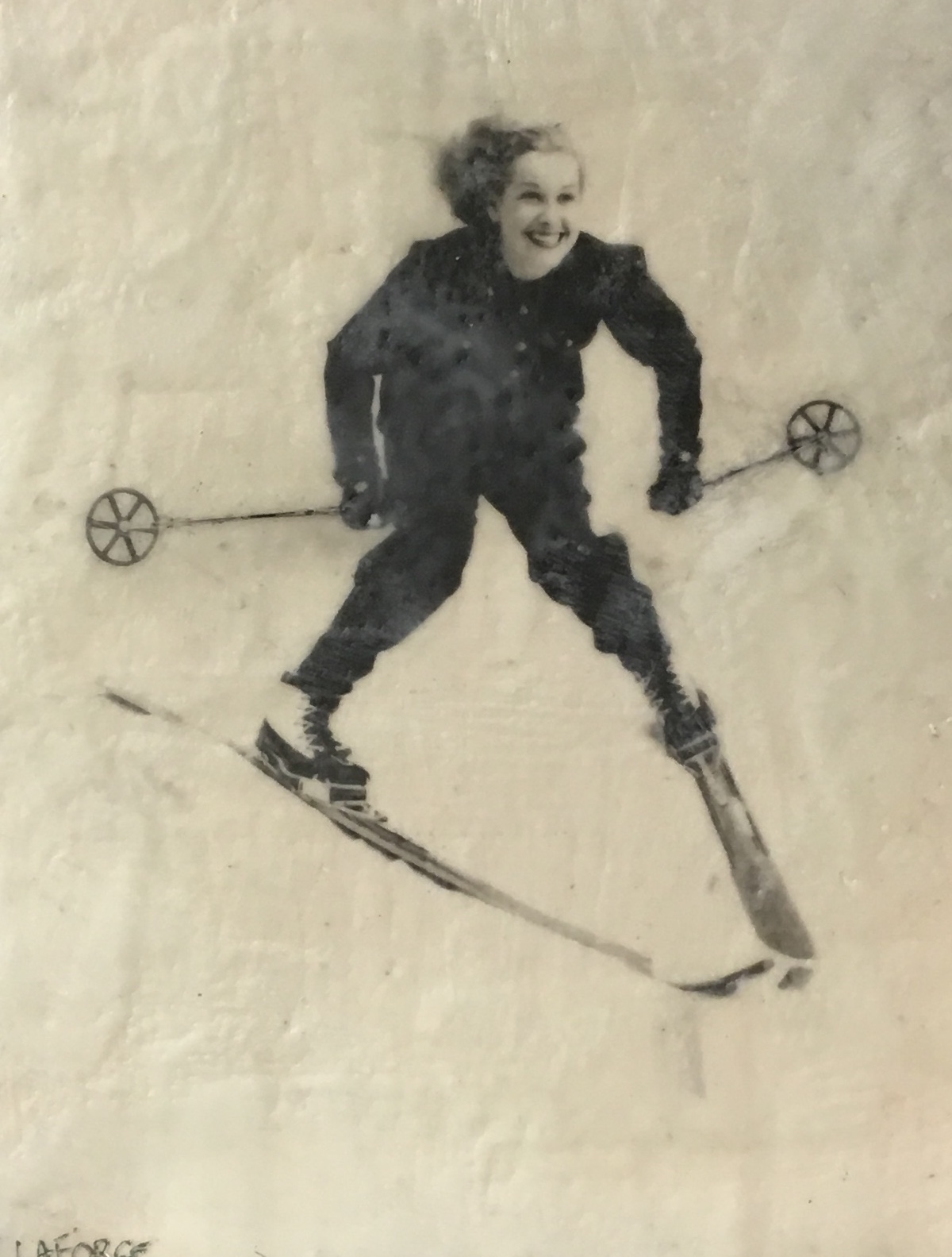 Vintage Skier 2, Encaustic painting by Lee Anne LaForge | Effusion Art Gallery + Cast Glass Studio, Invermere BC