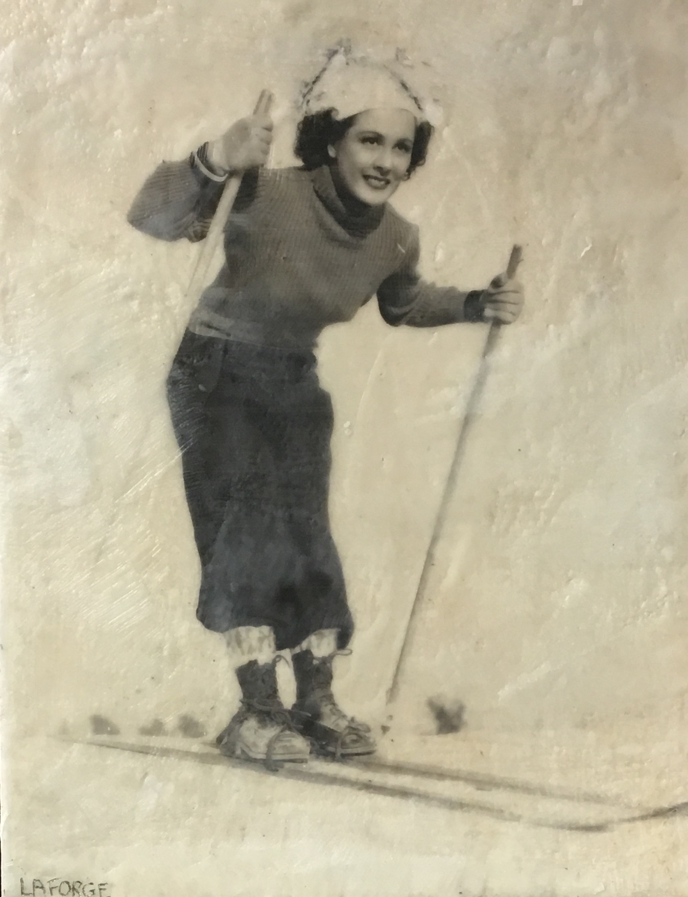 Vintage Skier 3, Encaustic painting by Lee Anne LaForge | Effusion Art Gallery + Cast Glass Studio, Invermere BC