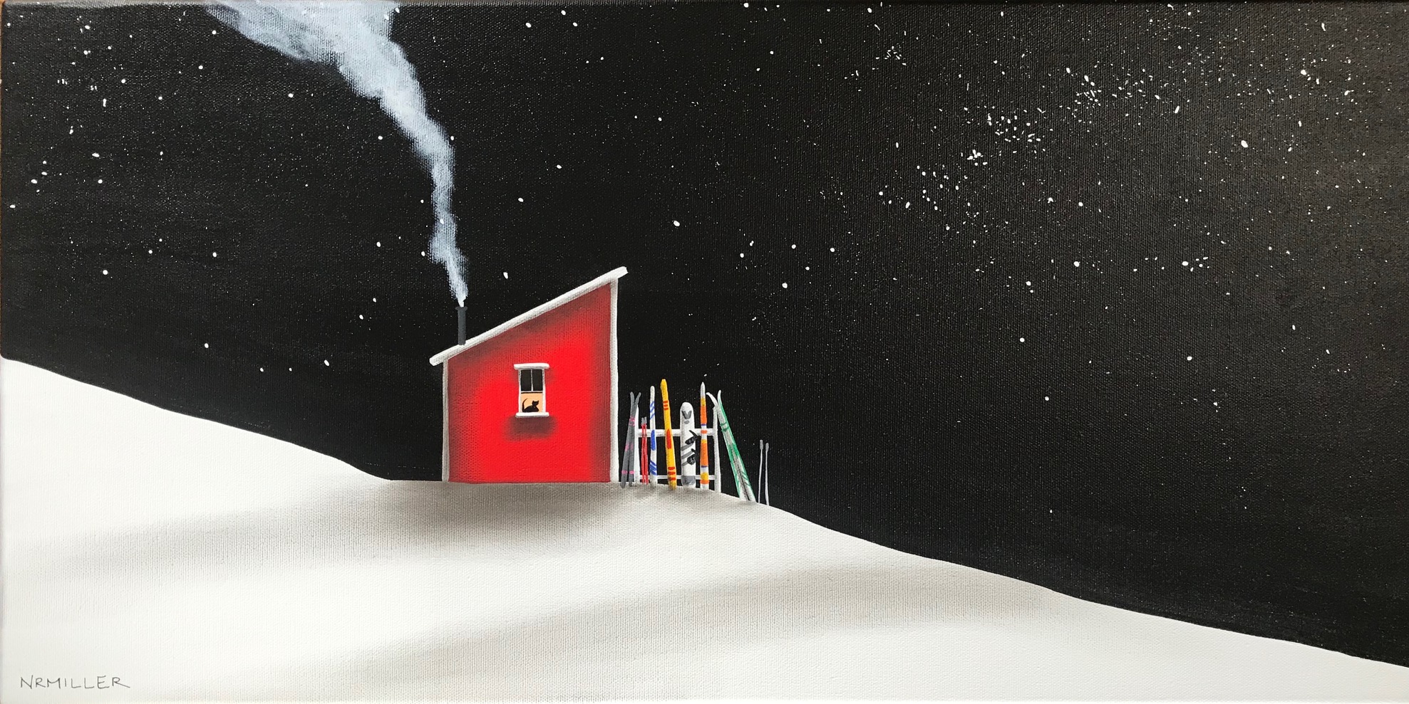 Chalet all Day, mixed media ski painting by Natasha Miller | Effusion Art Gallery + Cast Glass Studio, Invermere BC