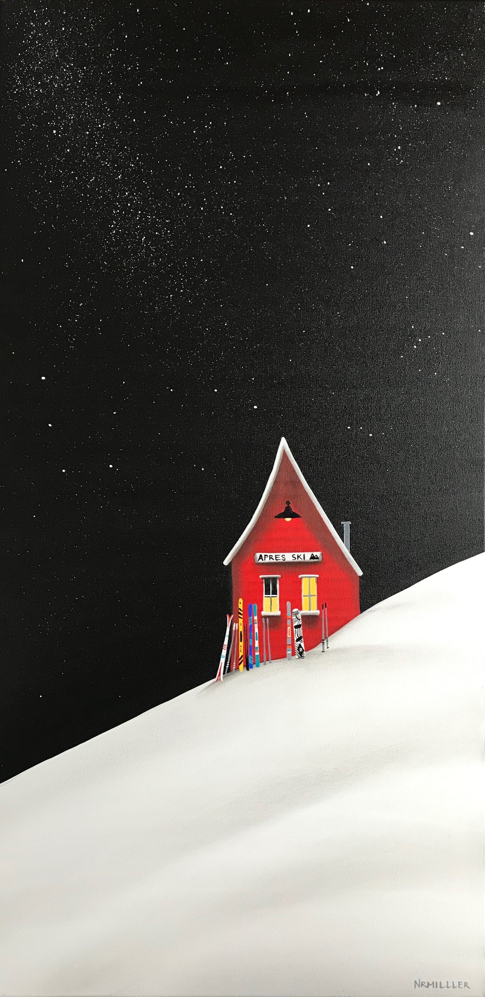 Milky Way at the Après Ski, mixed media ski painting by Natasha Miller | Effusion Art Gallery + Cast Glass Studio, Invermere BC