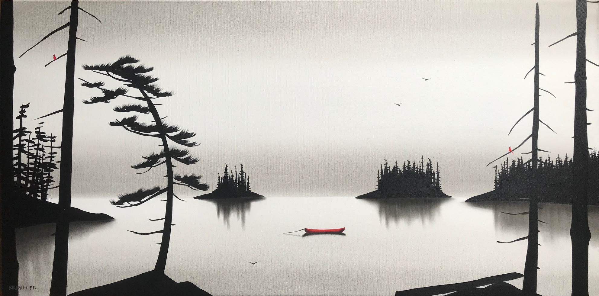 Where the Lone Light Waits, mixed media coastal landscape painting by Natasha Miller | Effusion Art Gallery + Cast Glass Studio, Invermere BC