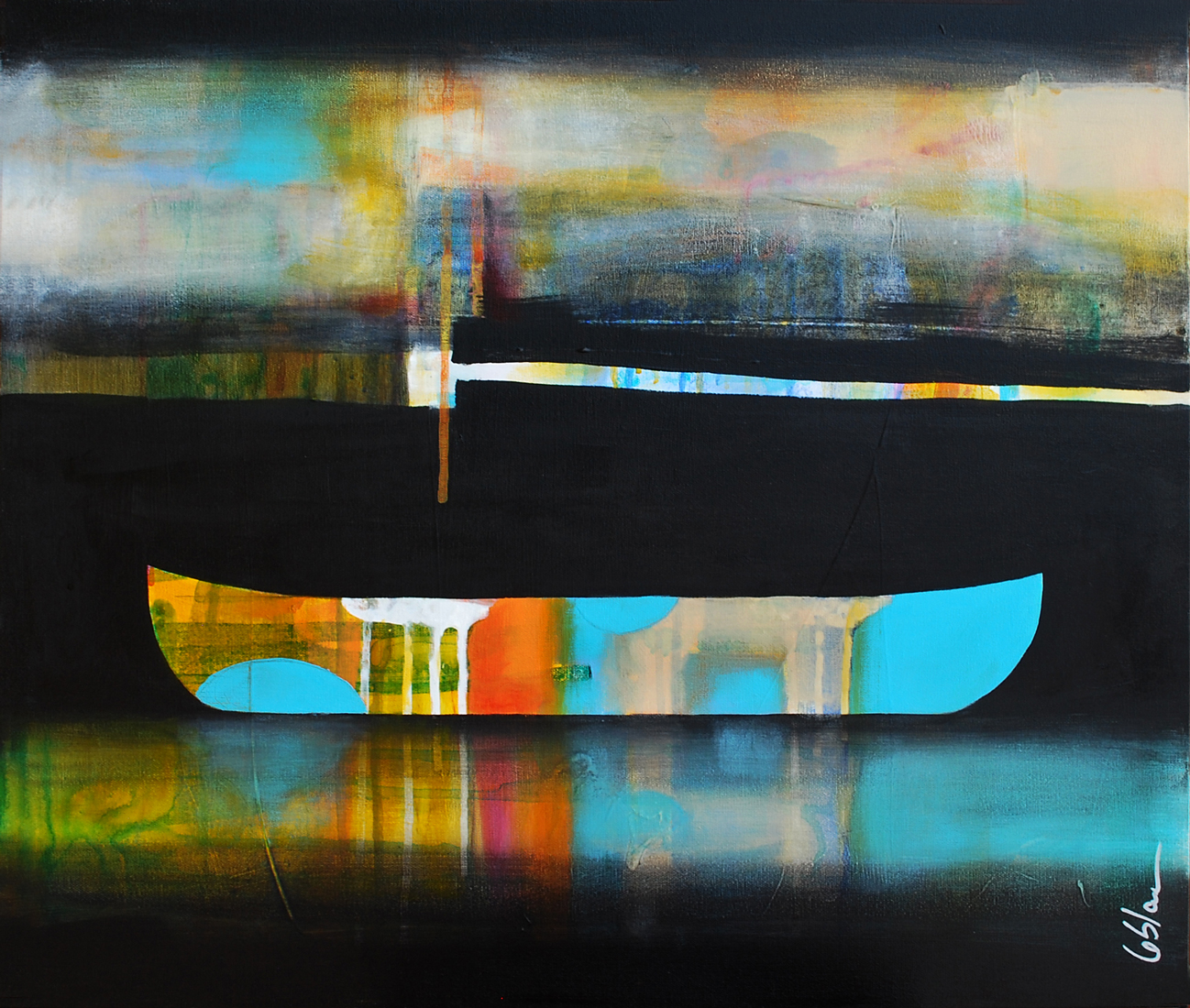 C'est certain il y a quelque chose, mixed media canoe painting by Sylvain Leblanc | Effusion Art Gallery + Cast Glass Studio, Invermere BC