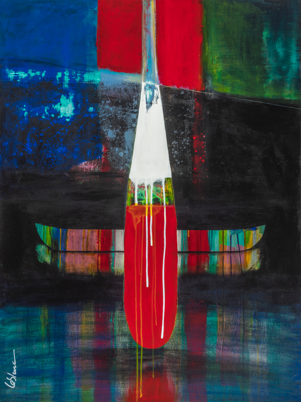 Le silence de la pénombre, mixed media canoe painting by Sylvain Leblanc | Effusion Art Gallery + Cast Glass Studio, Invermere BC