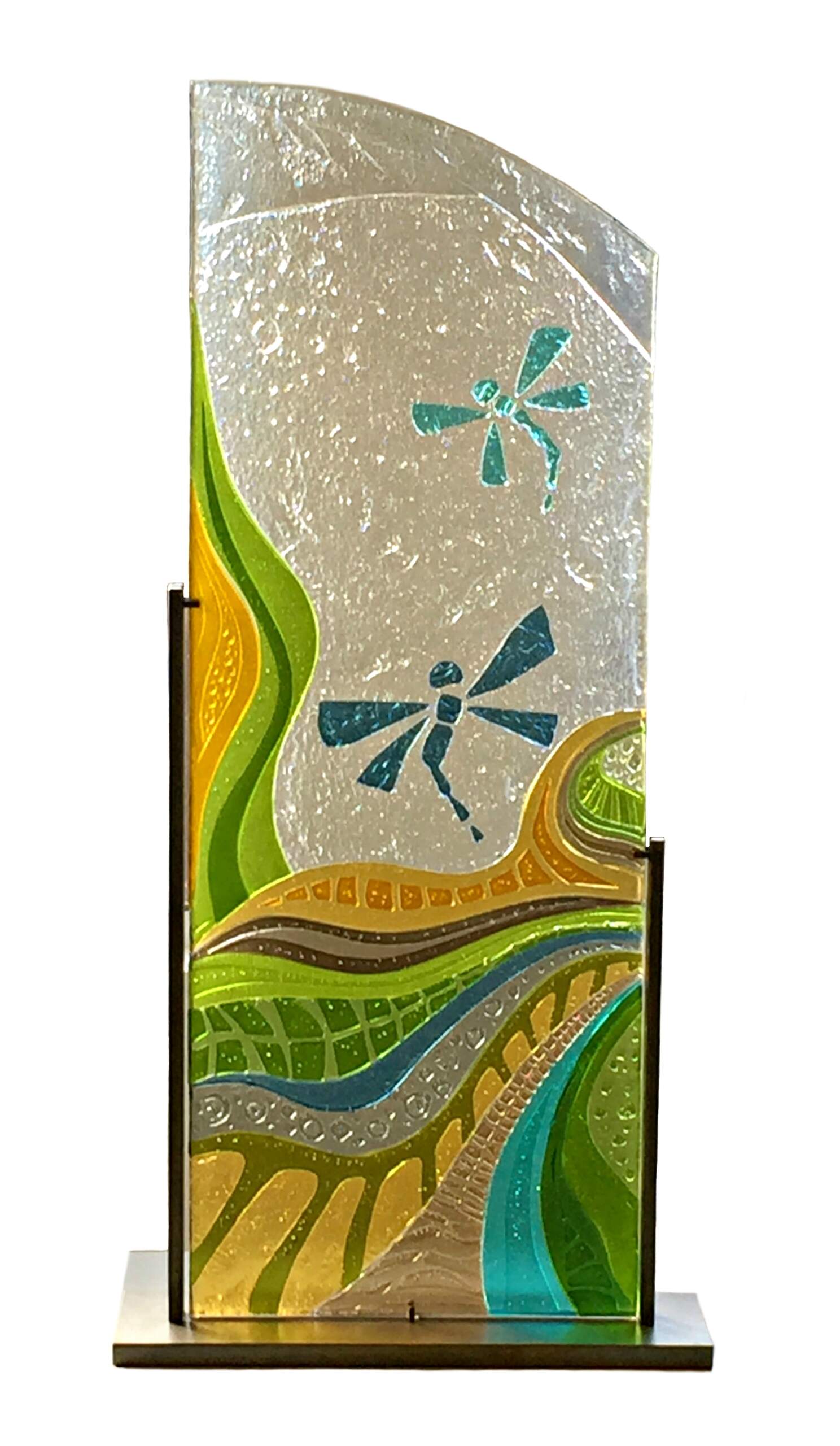 Moving to the Light, cast glass panel with dragonflies by Heather Cuell | Effusion Art Gallery + Cast Glass Studio, Invermere BC