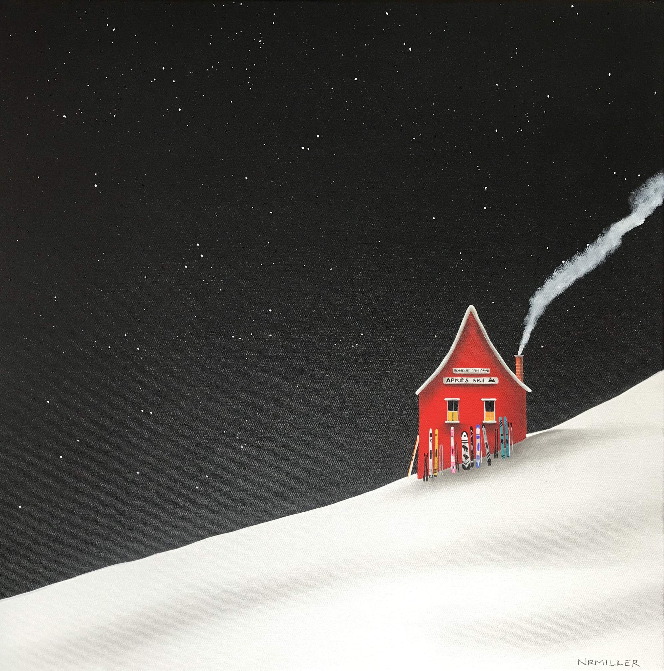 Fondue with You, mixed media ski chalet painting by Natasha Miller | Effusion Art Gallery + Cast Glass Studio, Invermere BC