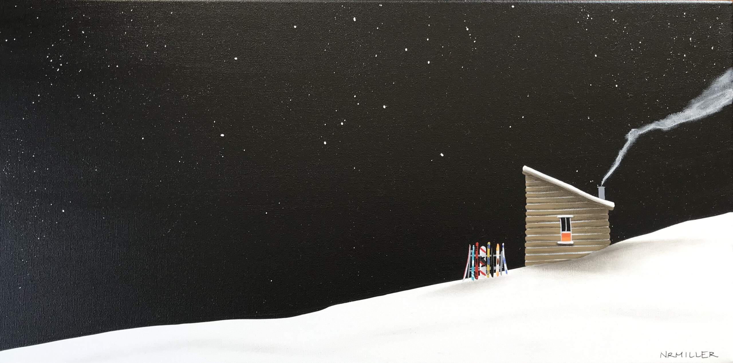 That's All She Wrote, mixed media ski chalet painting by Natasha Miller | Effusion Art Gallery + Cast Glass Studio, Invermere BC