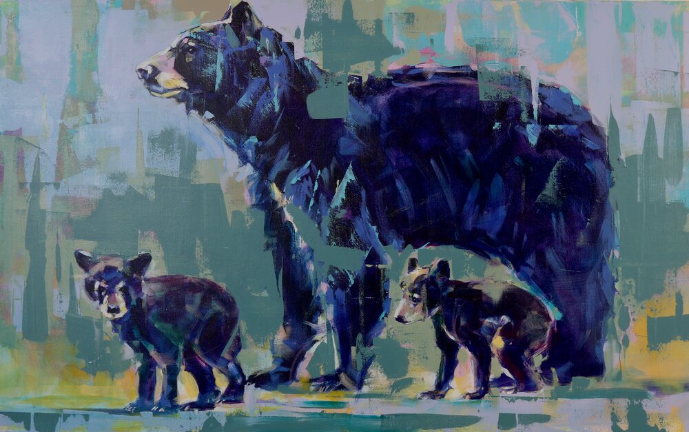 Black Bear and Cubs, original bear painting by Verne Busby | Effusion Art Gallery + Cast Glass Studio, Invermere BC