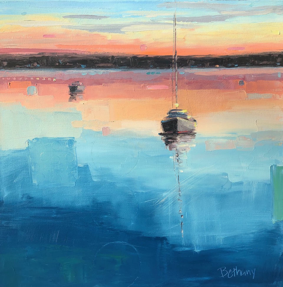 Stillness at Sunset, original sunset on the water painting by Bethany Harper Williams | Effusion Art Gallery + Cast Glass Studio, Invermere BC