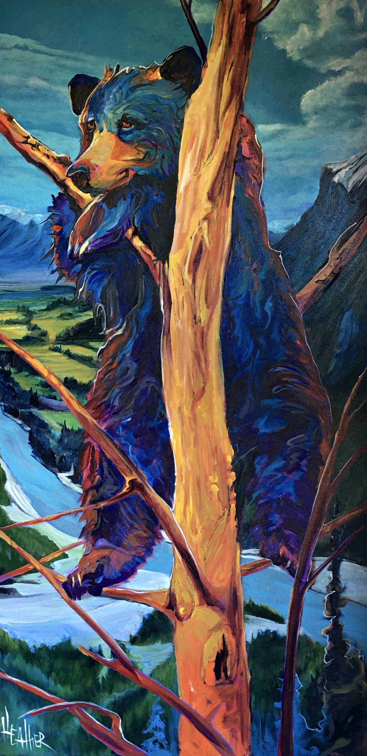 Perimeter Check, black bear painting by Heather Pant | Effusion Art Gallery + Cast Glass Studio, Invermere BC