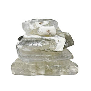 One of a Kind cast glass Rocky Mountain cairn sculpture by Canadian artist Heather Cuell at Effusion Art Gallery in Invermere, BC.