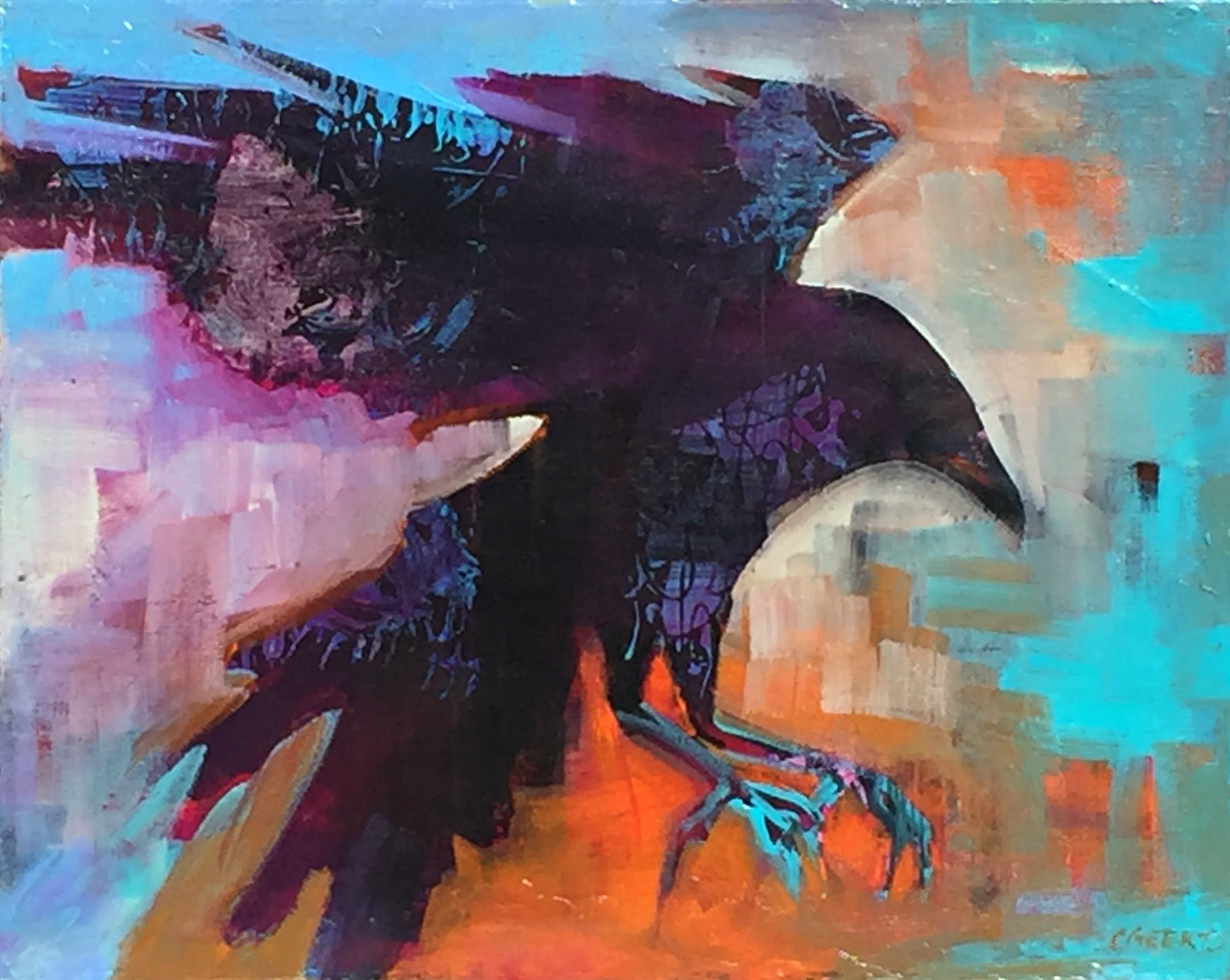 Corvidae, acrylic crow painting by Connie Geerts | Effusion Art Gallery + Cast Glass Studio, Invermere BC