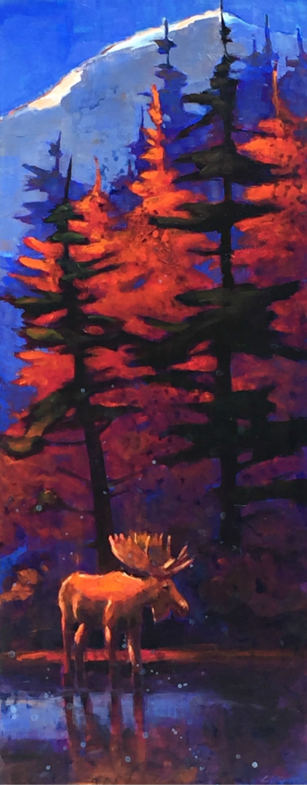 Last Light of Day, acrylic landscape and moose painting by Connie Geerts | Effusion Art Gallery + Cast Glass Studio, Invermere BC