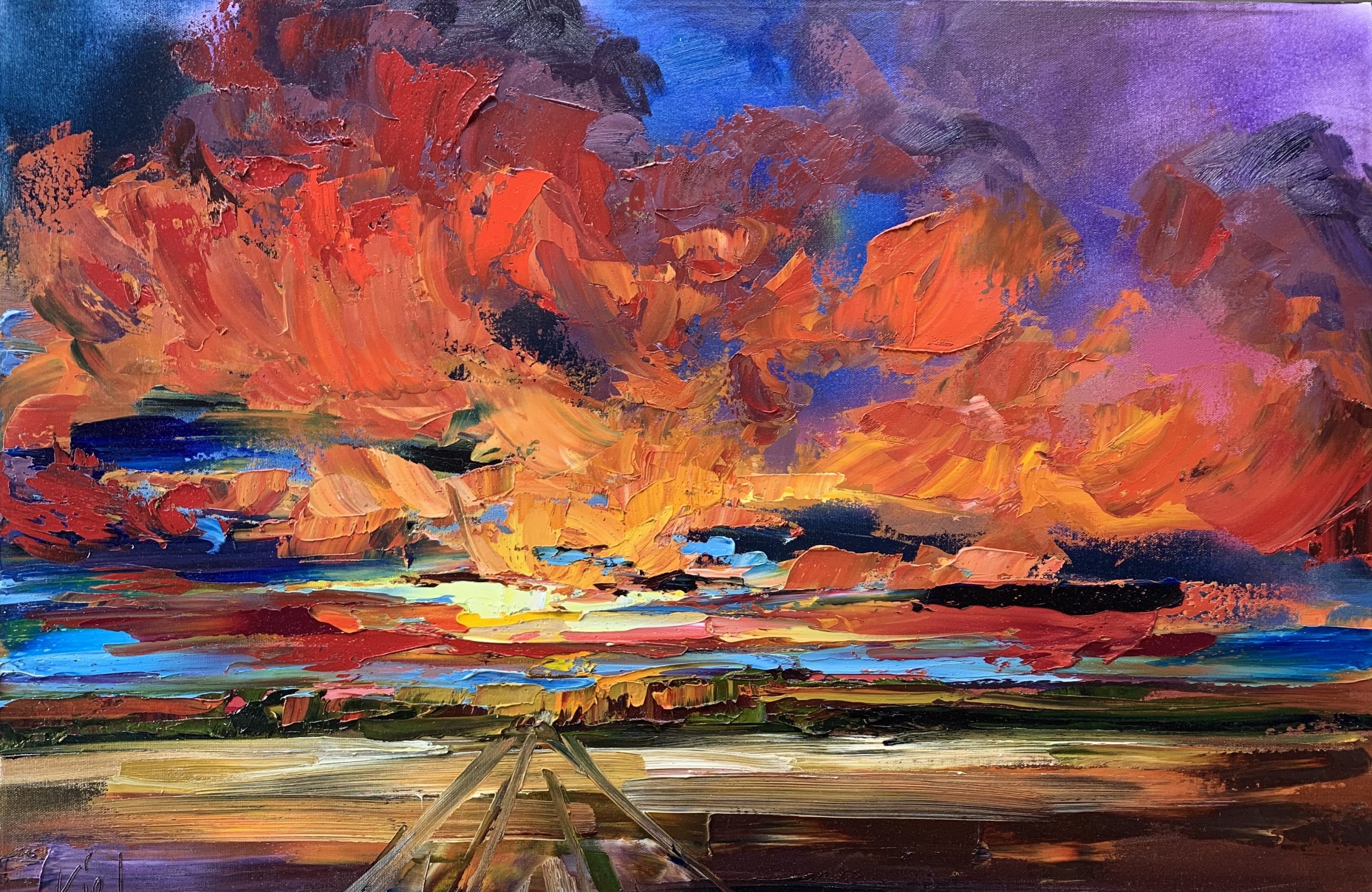 Where this Road Leads, mixed media sunset landscape painting by Kimberly Kiel | Effusion Art Gallery + Cast Glass Studio, Invermere BC