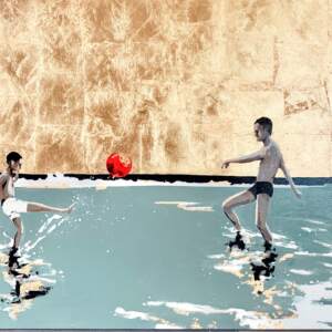 Kick the World, mixed media beach painting by Marie-France Boisvert | Effusion Art Gallery + Cast Glass Studio, Invermere BC