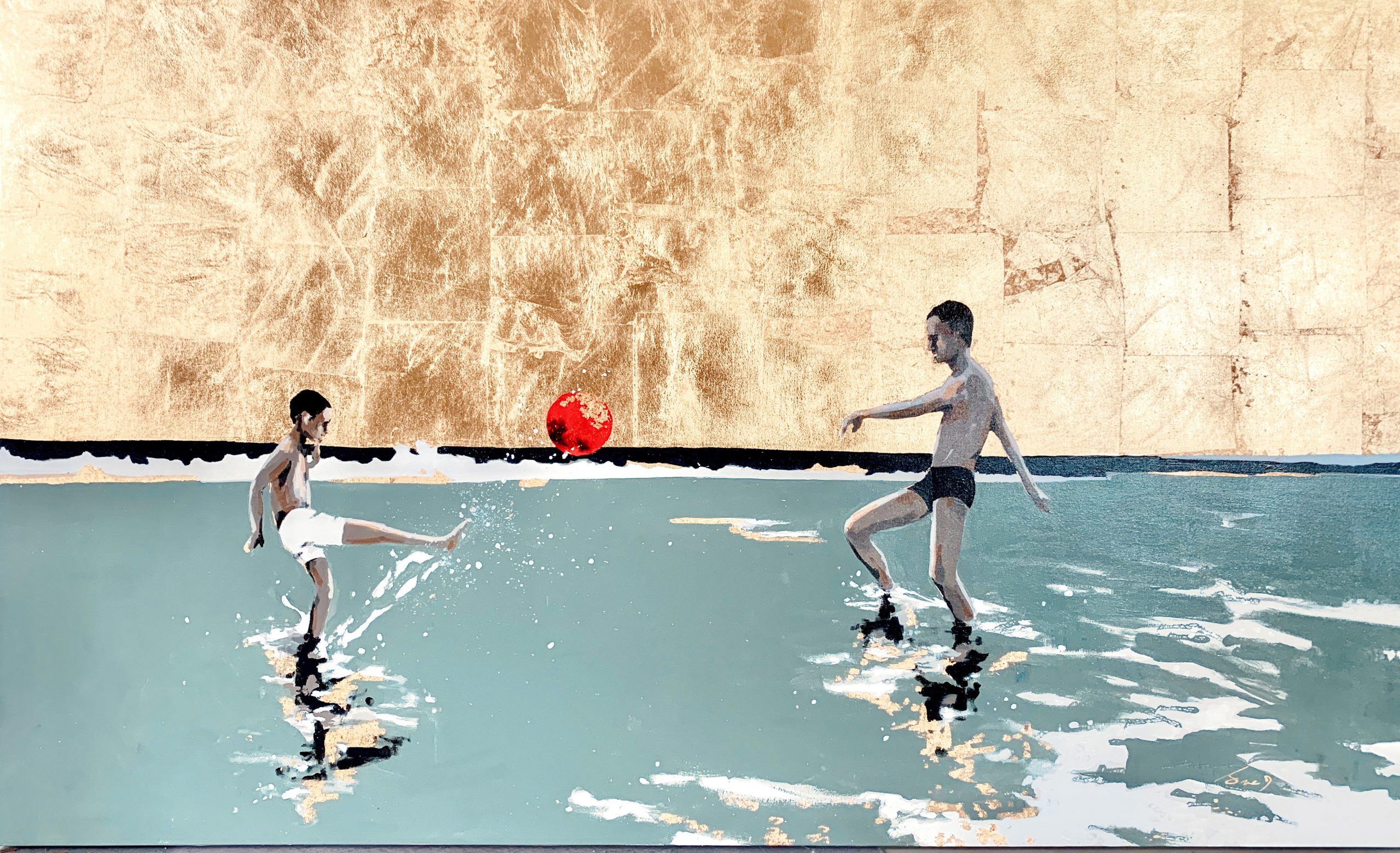 Kick the World, mixed media beach painting by Marie-France Boisvert | Effusion Art Gallery + Cast Glass Studio, Invermere BC